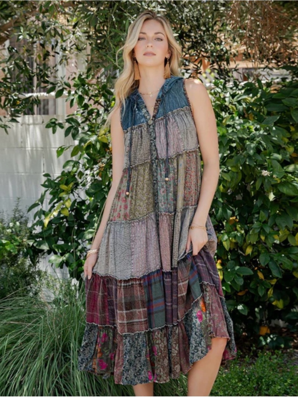 BNWT Small Young Threads BOHO Maxi Dress Sleeveless Patchwork